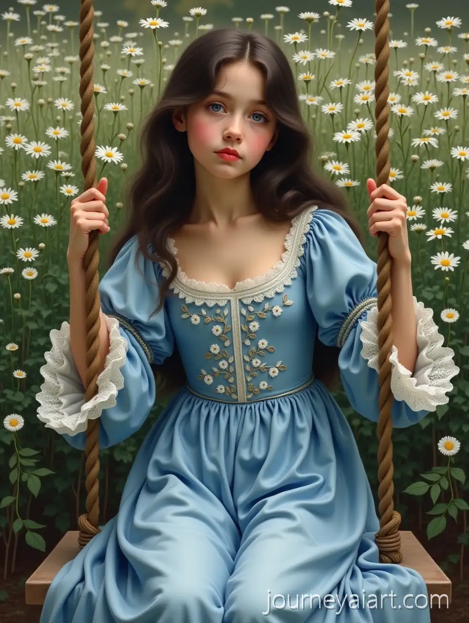 Beautiful-Girl-in-Blue-Lace-Dress-Sitting-on-Garden-Swing-Surrounded-by-White-Daisies