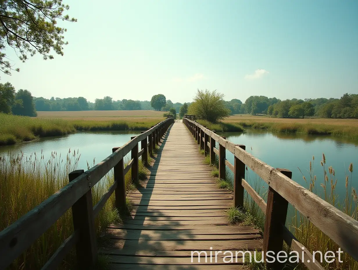 Scenic 18thCentury Wooden Bridge over River with Farmland View