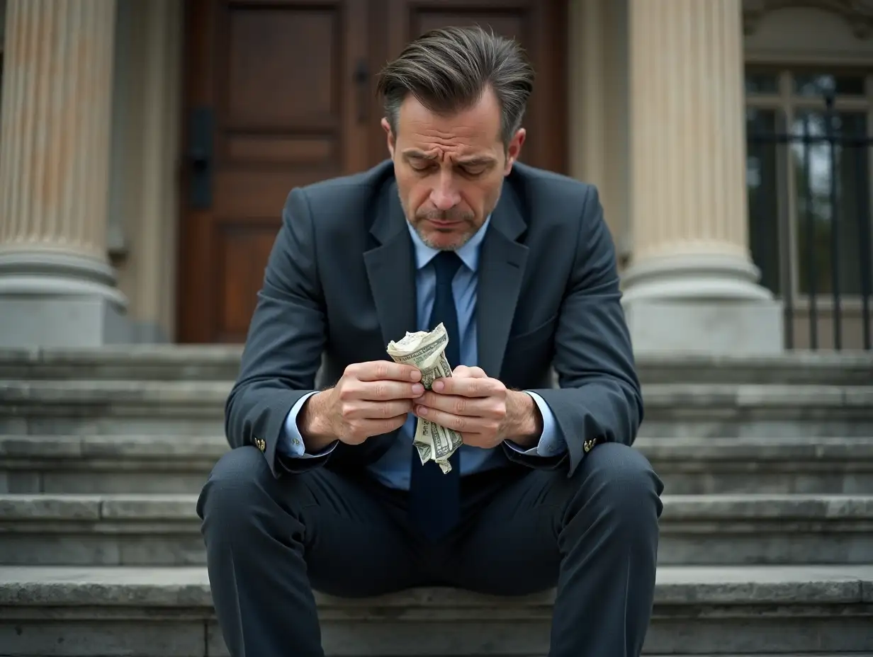 an investor is sitting on his haunches with a sad face, holding crumpled money. He is sitting on the stone steps of an elite house and crying because his business has failed