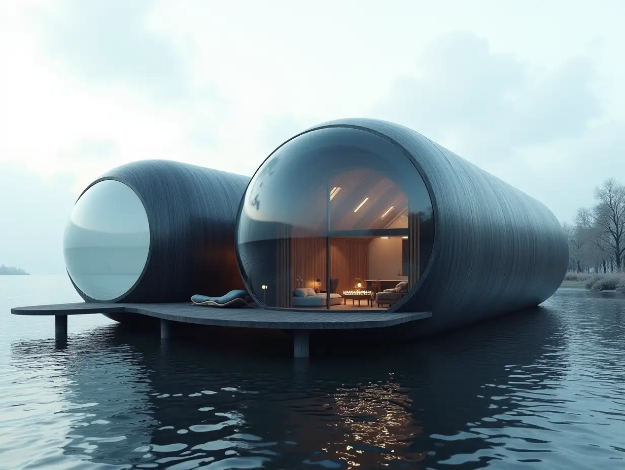 a futuristic house made of glass balls and black wood from lies on the water