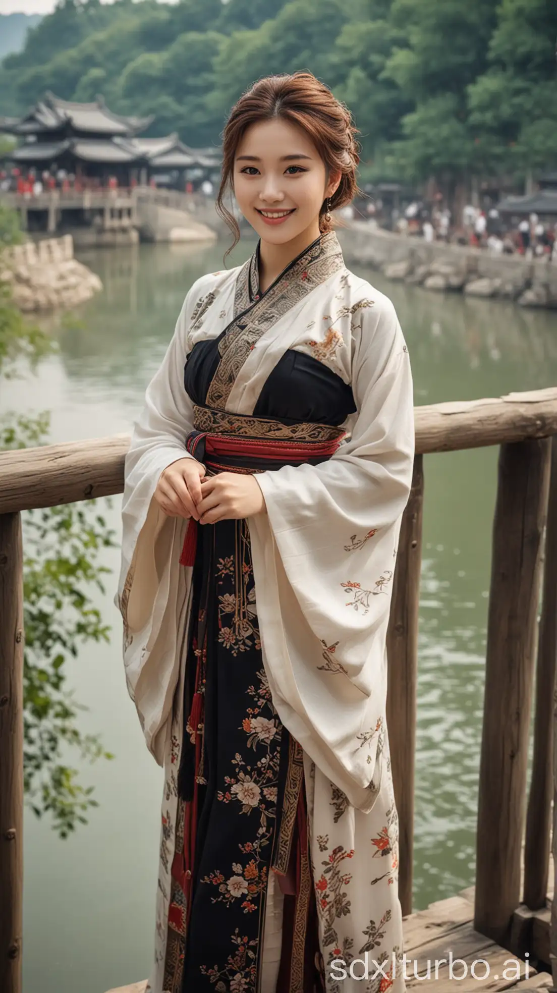 user_prompt: Chinese woman, sexy and sweet smile, brown hair, fair skin, black eyes, 165CM tall, wearing fashionable clothing, Han Dynasty attire on a bridge over the river