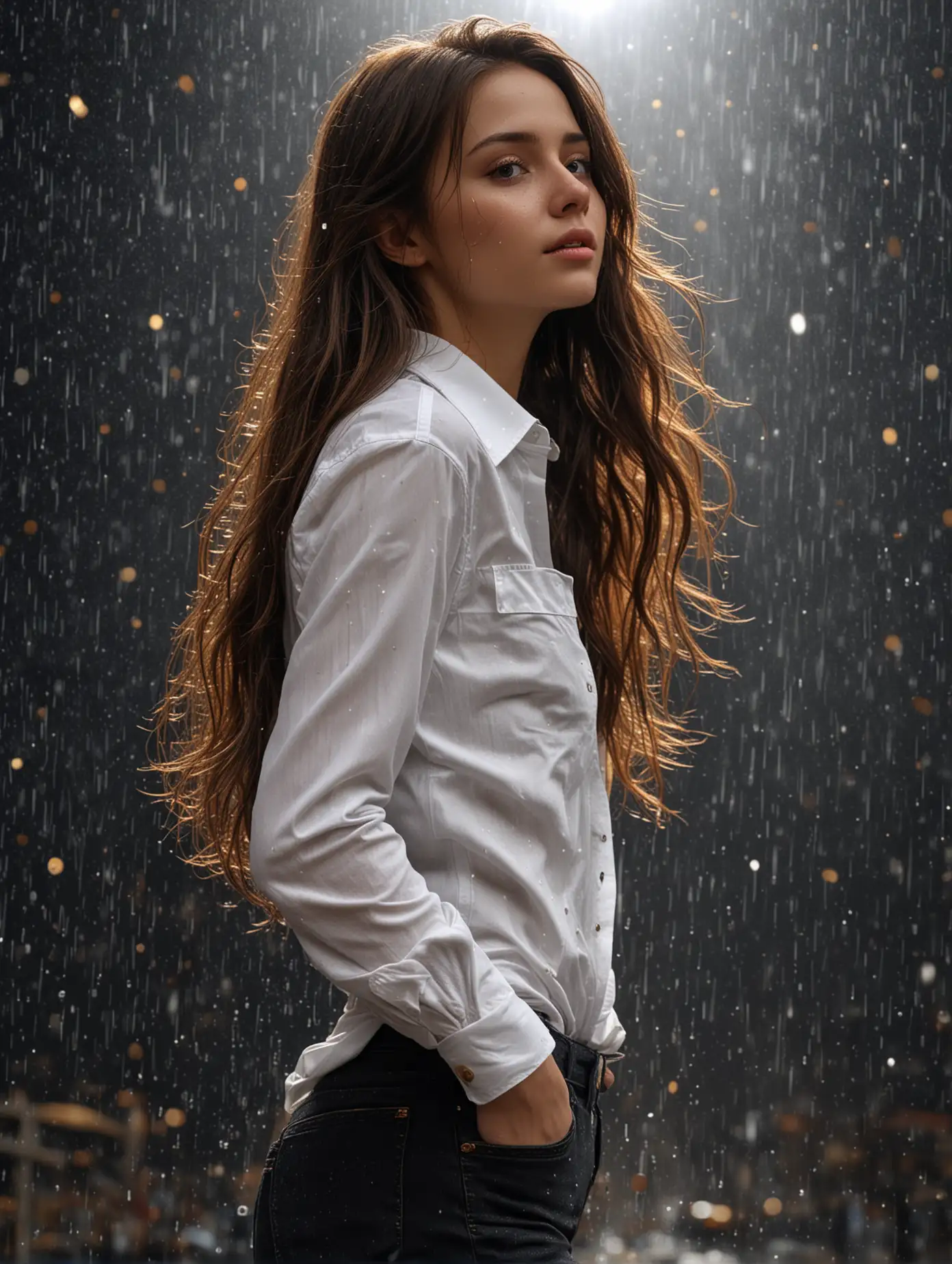 Brunette-Woman-in-Black-Jeans-with-Golden-Sparkling-Rain-in-Dark-Space