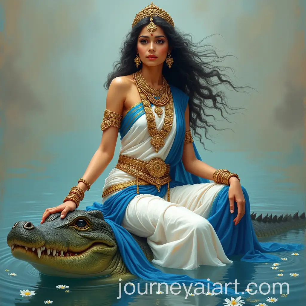Indian-Goddess-Ganga-in-Traditional-Saree-Sitting-on-Crocodile
