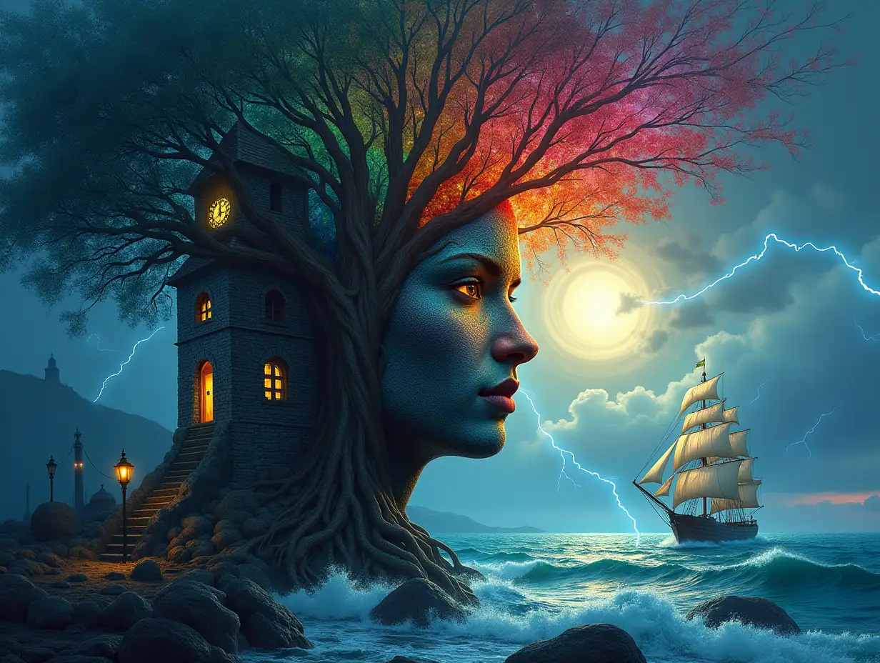 In creating a digital painting, a face with rainbow root hair transforms into a building with stones and lighting. Trees with roots and rocks and lantern at the sea, with large clock tower. Sailing ship with lanterns and a very big kraken and the sun shines through the clouds. Very big waves and strange lightning