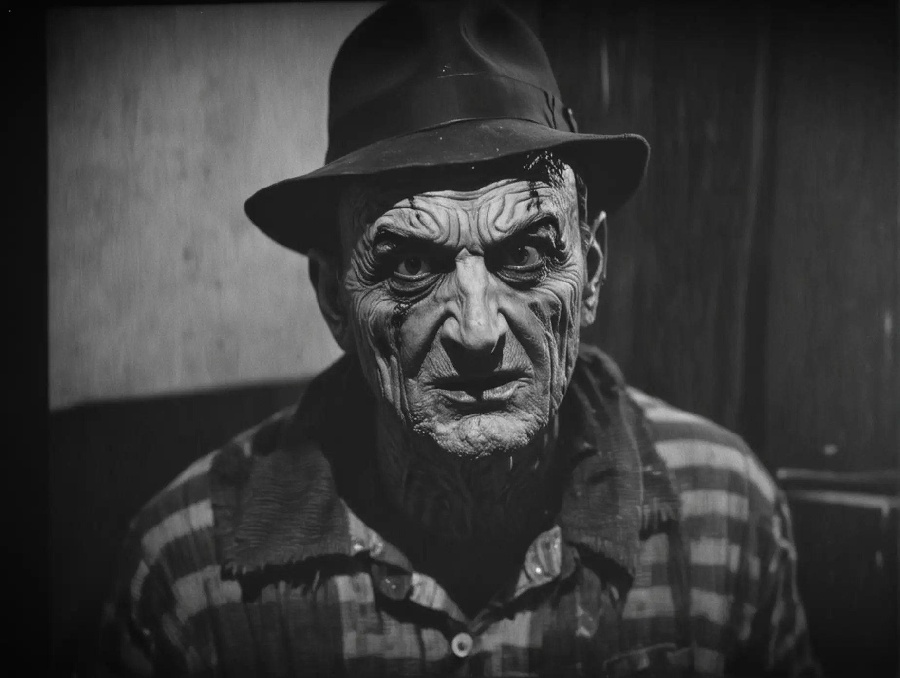 Freddy Krueger, analog horror, black and white, cctv grainy footage, shadowy figure, creepy, unnerving, low quality, Freddy Krueger face zoom in