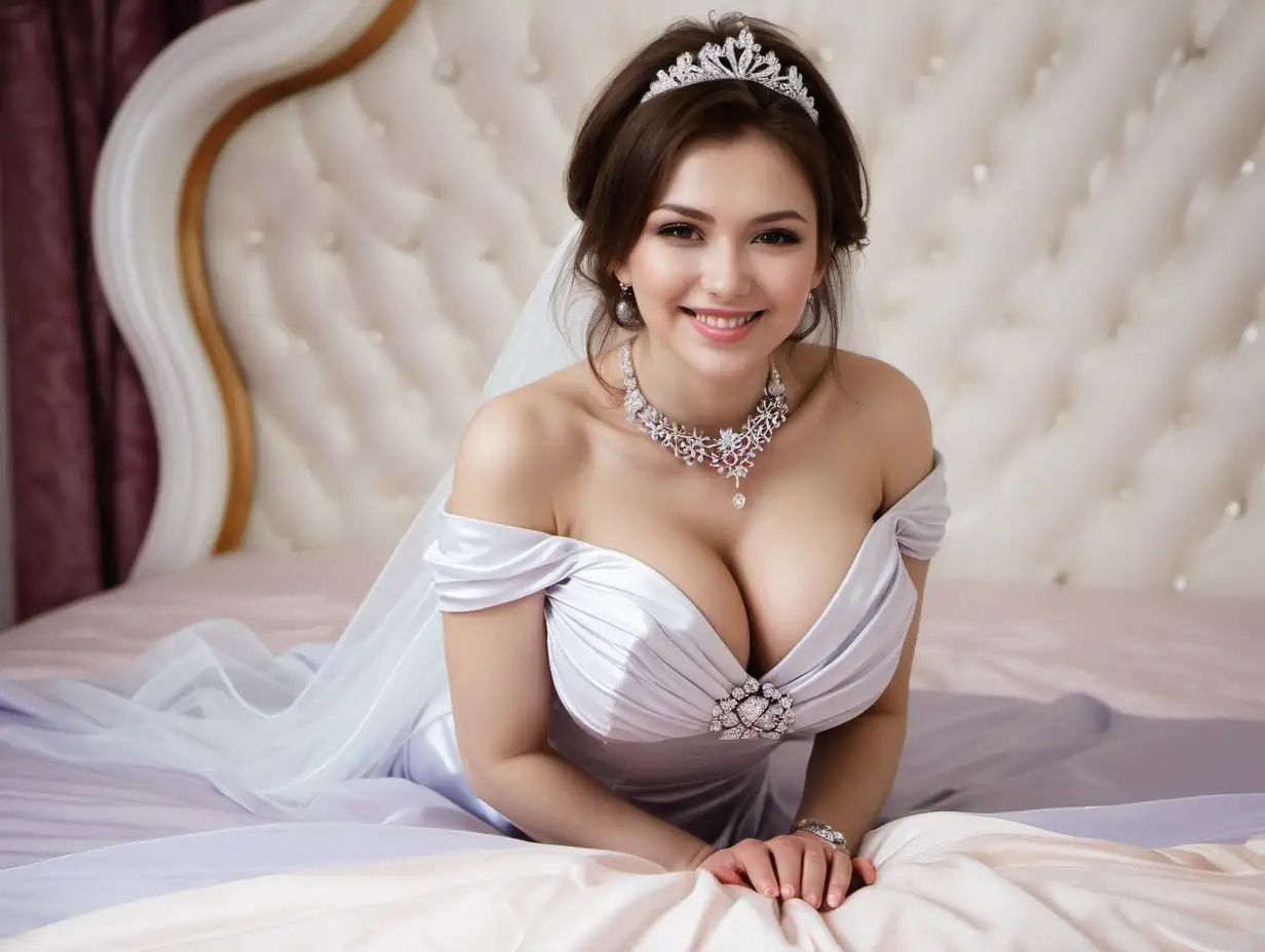 Female-Model-in-Pastel-Lilac-Wedding-Dress-with-Rose-and-Diamond-Necklace-on-Bed-in-Russia