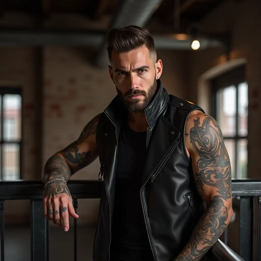 Male-Model-with-FullSleeve-Tattoos-in-Modern-Industrial-Loft