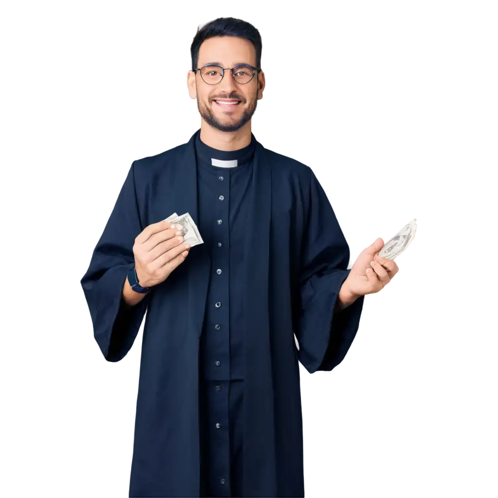 priest holding holy book and wearing black robe and holding money