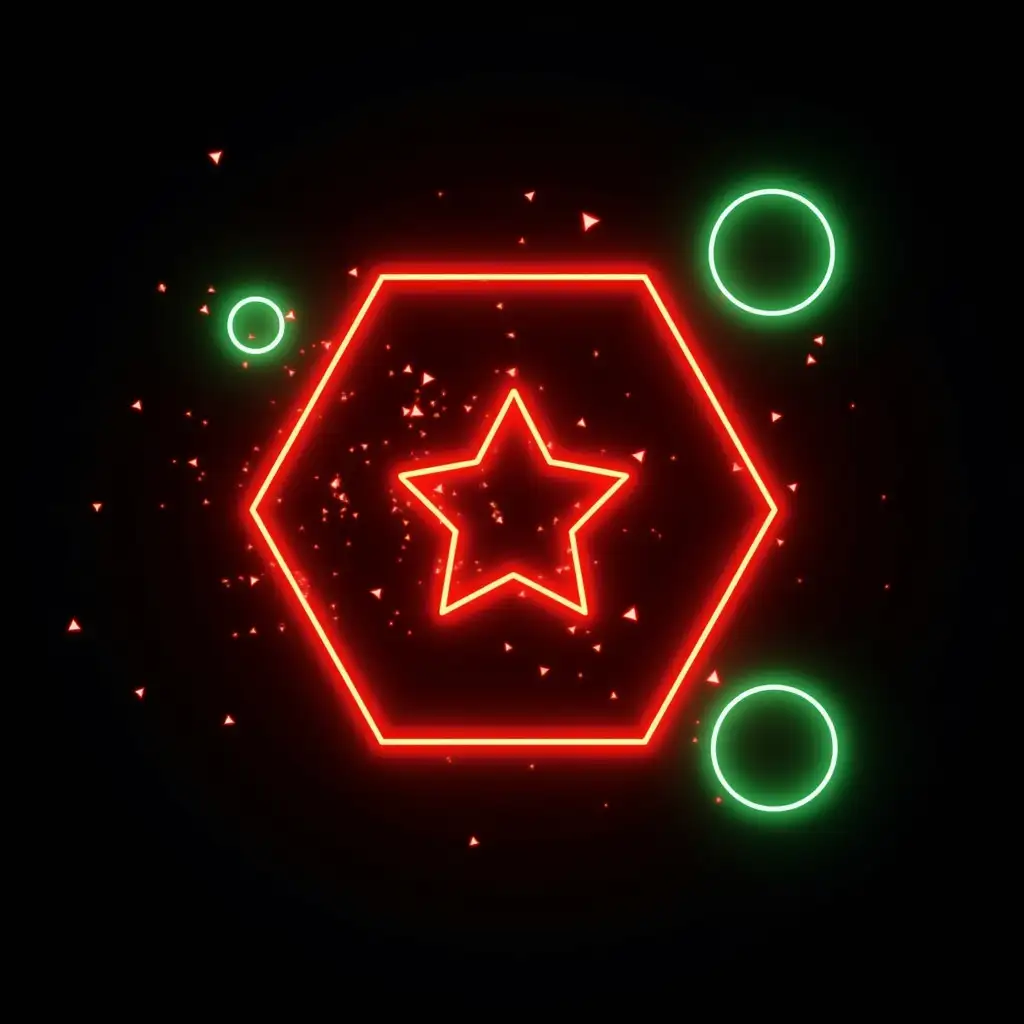 a neon glowing red pentagon  in the center, glowing green circles attacking the pentagon, the circles explode into small red triangles on hitting the pentagon, cyberpunk, black background