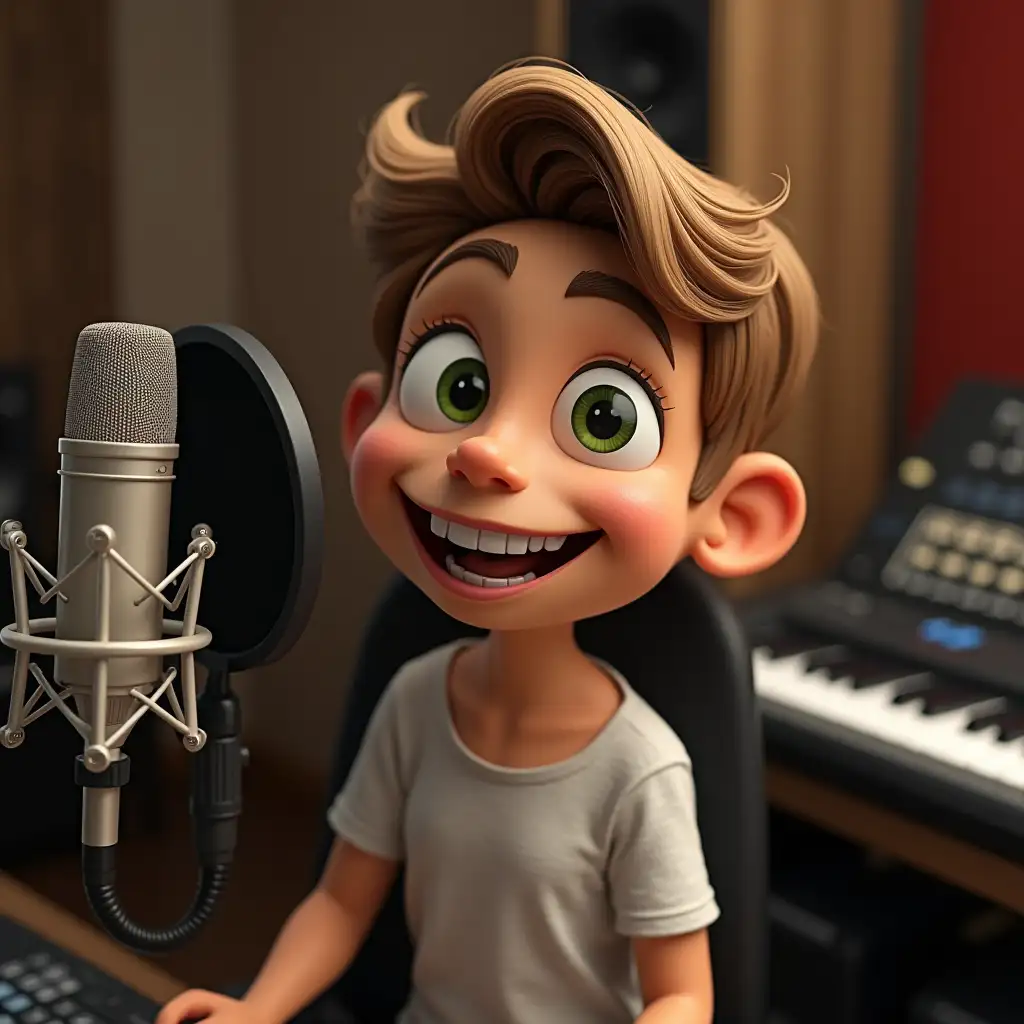 Create a puppet-style avatar of a friendly and charismatic character. The avatar should have light brown hair, expressive green eyes, and a fun, playful expression. It is sitting in a modern recording studio with a microphone, keyboard, and music production equipment visible in the background