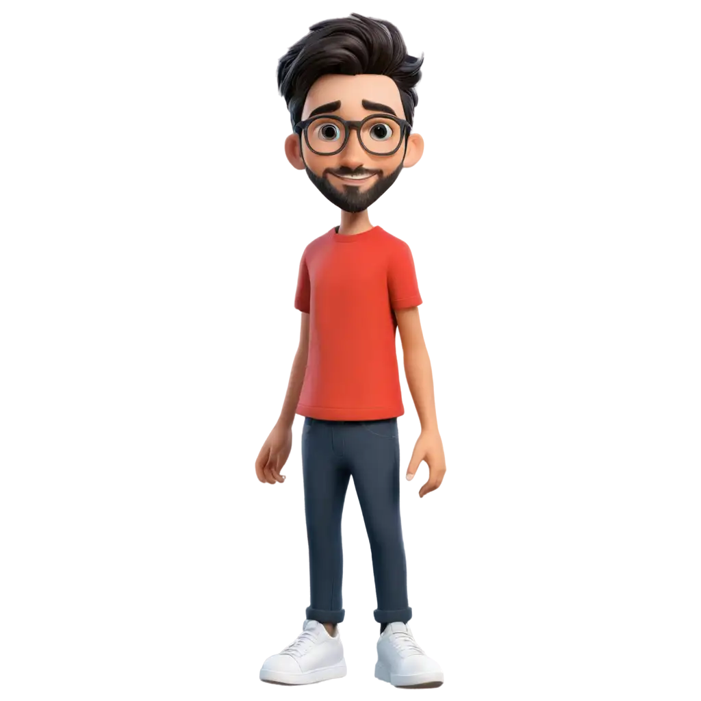 Boy cartoon with hair slicked back, glasses, beard, red t-shirt, blue eyes and black pants