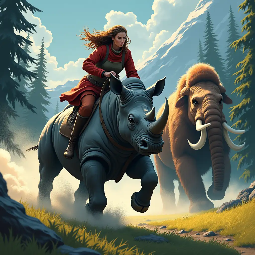 A dynamic digital illustration and cartoon capturing an exciting moment taking place in the Northern Hemisphere, circling the North Pole and extending south to the coniferous forests of the taiga, featuring a woman. The woman rides a mighty rhino, depicted in mid-gallop, its massive feet kicking up clouds of dust from the grassy forest floor, creating a sense of speed and urgency in the face of an angry woolly mammoth. The background depicts the northern hemisphere, encircling the north pole and extending south to the coniferous forests of the taiga. The lighting is dark and high contrast, highlighting the woman and the rhino as well as the mammoth while casting deep shadows that increase the intensity of the scene. This illustration conveys a vibrant and exhilarating atmosphere, inviting viewers to immerse themselves in the action. Wide-angle perspective, vivid colors, dynamic composition, cinematic lighting, high detail, epic fantasy ambiance, textured brushstrokes, vibrant hues, dramatic shadows, stylized realism