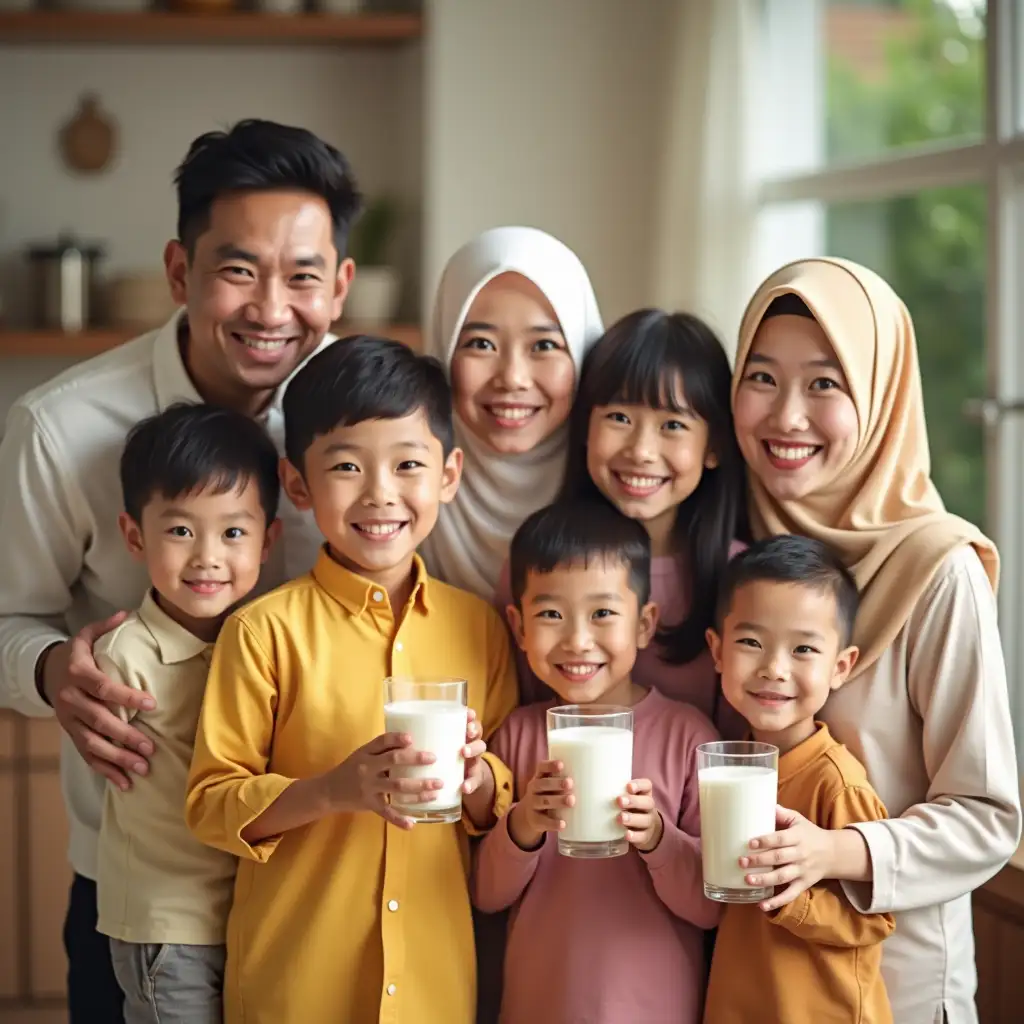 create image. a malay muslim family consisting of datuk, nenek, father, mother, older brother, older sister, and younger sibling. all are happy and smiling, They all hold a glass containing milk. A cheerful atmosphere for eid al-fitr