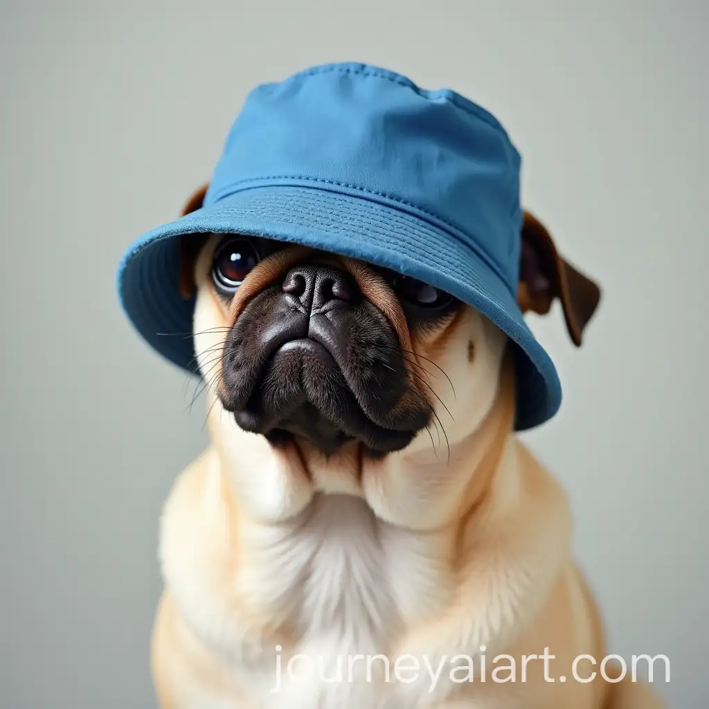 Cream-Colored-Pug-Wearing-a-Blue-Bucket-Hat-at-a-Backwards-Angle