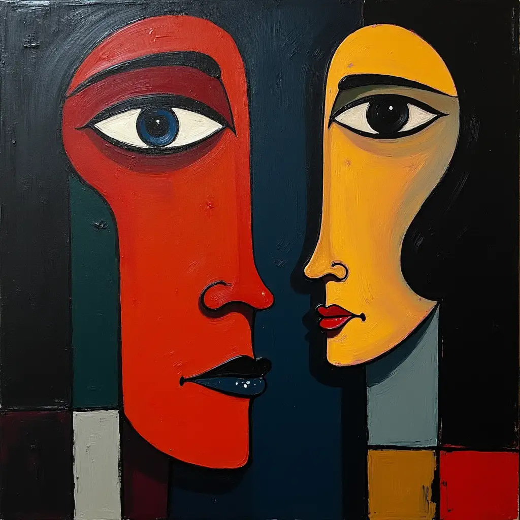 user_prompt: Picture in a grid, stripe, primitively schematic, two portrait faces darkened in the style of Kandinsky, Malevich, minimalism, simplified for a beginning acrylic painter with many colors, constructivism abstractness, gloomily