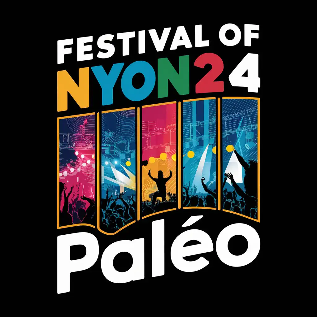 LOGO Design For Festival OF NYON24 Bold Text and Dynamic Music Festival Scenes on Black TShirt