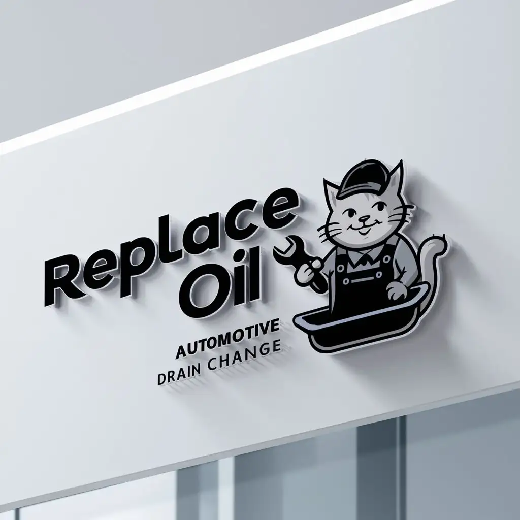 a logo design,with the text "replace oil", main symbol:cat oil change mechanic,Minimalistic,be used in Automotive industry,clear background