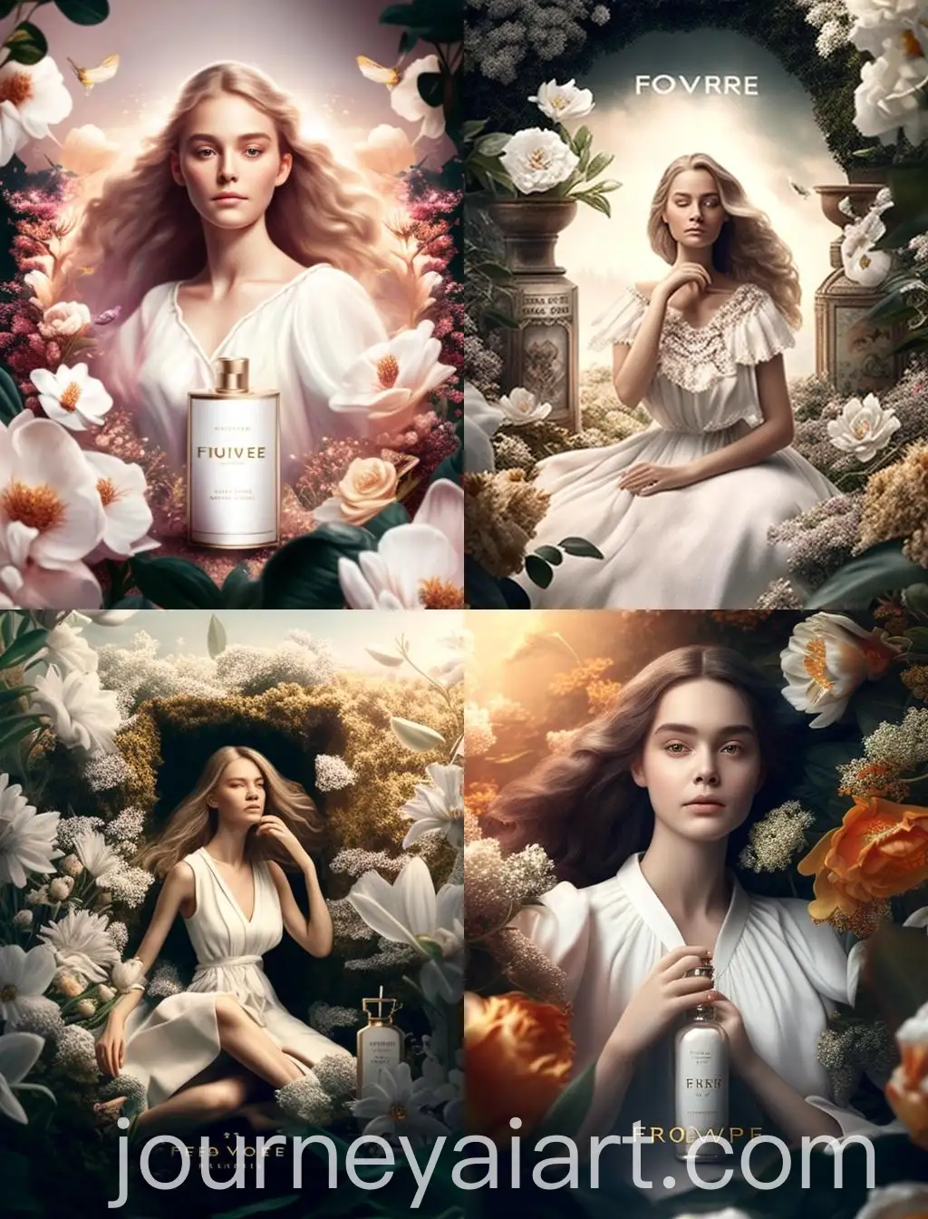 Elegant-Woman-in-White-Dress-Spraying-Fordive-Perfume-in-Flower-Garden
