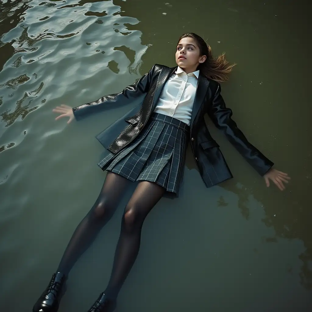 A young schoolgirl in a school uniform, in a skirt, jacket, blouse, dark tights, high-heeled shoes. She is swimming in a dirty pond, lying under water, all her clothes are completely wet, wet clothes stick to her body, the whole body is under water, submerged in water, under the surface of the water, below the water's edge.