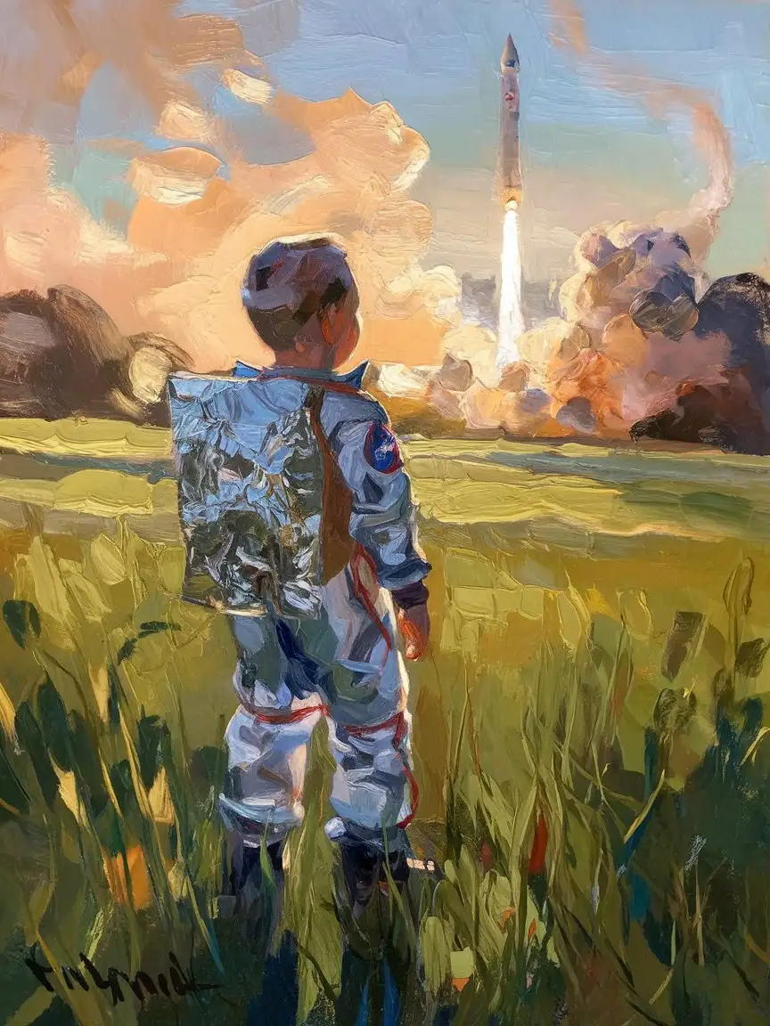 An impressionistic painting of a young boy standing in a grassy field, dressed in a homemade astronaut costume made from cardboard and foil, watching the distant Apollo rocket launch in the sky, soft golden sunlight casting long shadows, the rocket’s smoke trail rising into the atmosphere, expressive brushwork and warm, nostalgic tones, blending a sense of childhood wonder with a moment of real history