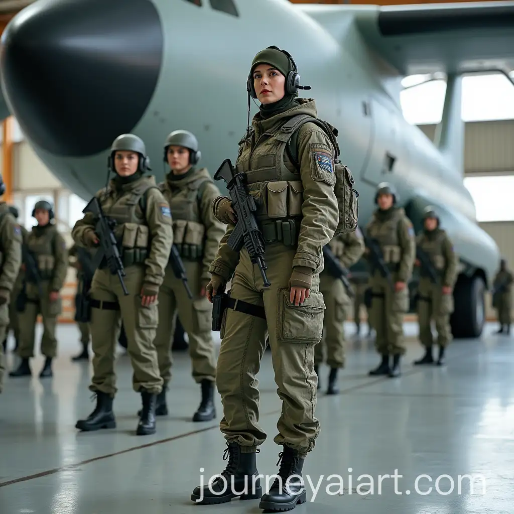 Military-Female-Soldiers-and-Pilots-in-Camouflage-Gear-Inside-Aircraft-Hangar