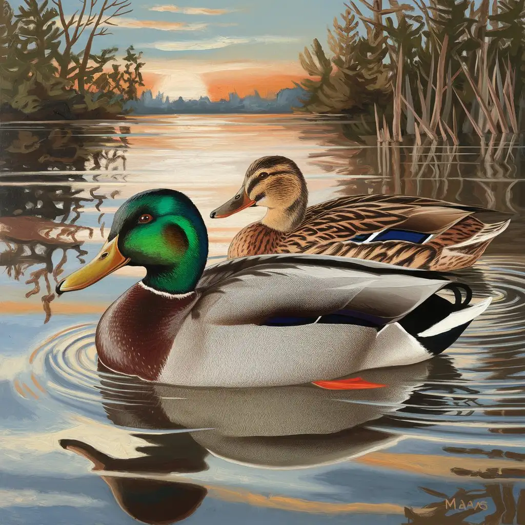 David Maass Style Painting of Drake and Hen Mallards Arriving at Dusk