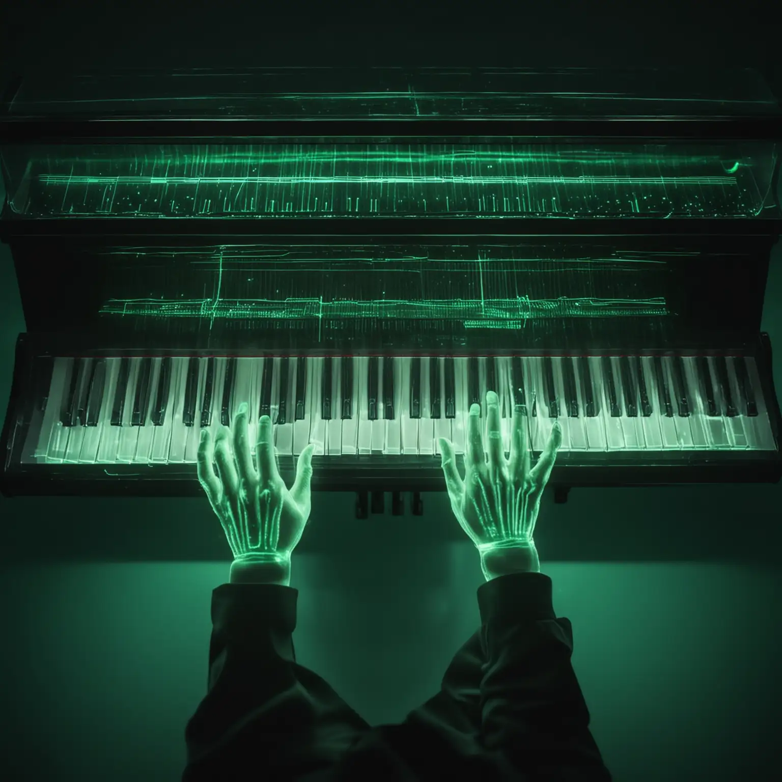 Hologram Green Hands Playing Piano Top View Transparent Color Glow