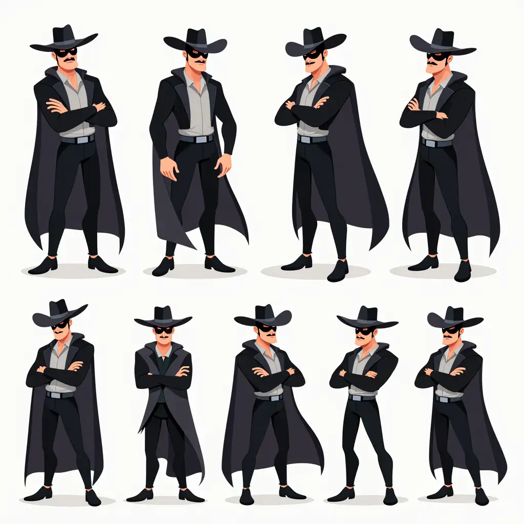 Create a 2D illustration of a mature, handsome man inspired by Zorro, with a lean, athletic build. The character should have a defined jawline, short, slicked-back dark hair, and a thin mustache. He wears a black mask, a wide-brimmed hat, and a long, flowing black cape. The character should have minimalist, clean facial features and be designed in a grid format with 2 rows and 5 columns (totaling 10 images). Each image should show the character in a different facial expression and full-body pose, including expressions like confident, happy, sad, surprised, and serious. The poses should vary with actions like standing, sitting, crossing arms, or dynamic movement. The design should be simple with bold lines, flat colors, and minimal shading, reflecting an 80s animated hero style. The color palette should be black, white, and subtle gray or deep blue highlights