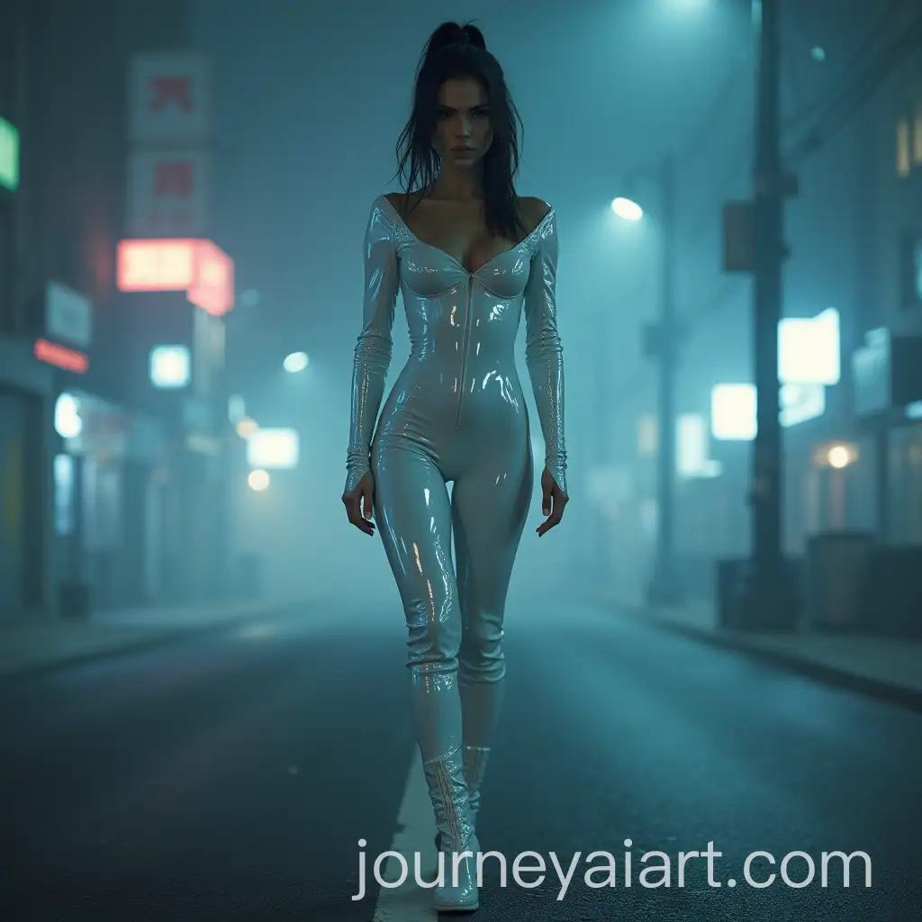 Intense-Woman-in-Metallic-White-Latex-Suit-in-Urban-Thunderstorm