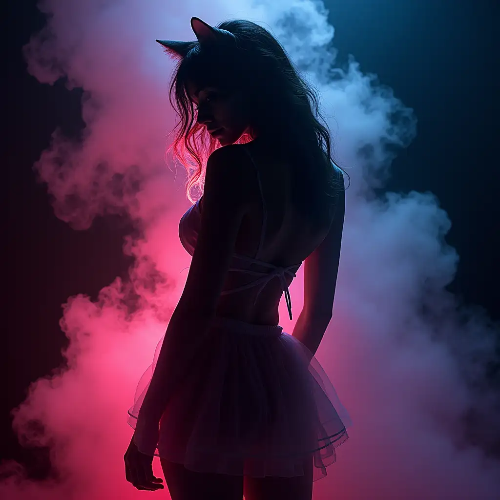 Silhouette of a woman-kitten named Gav on a smoke background with luminous glow, bright colors, shine, sparkle, detailing