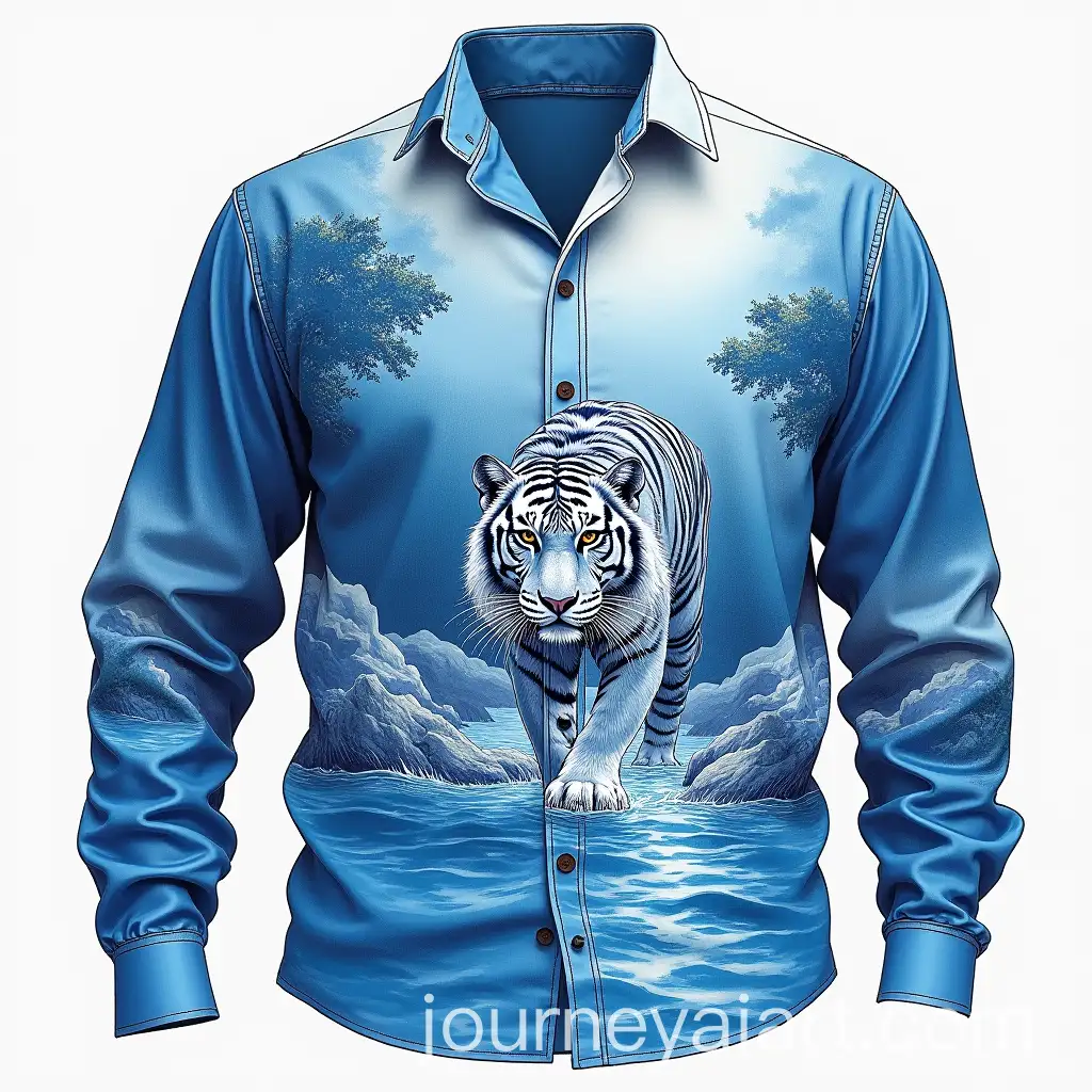 Blue-and-White-Colored-Tiger-Prowling-Down-a-River-on-HandDrawn-Shirt-Design