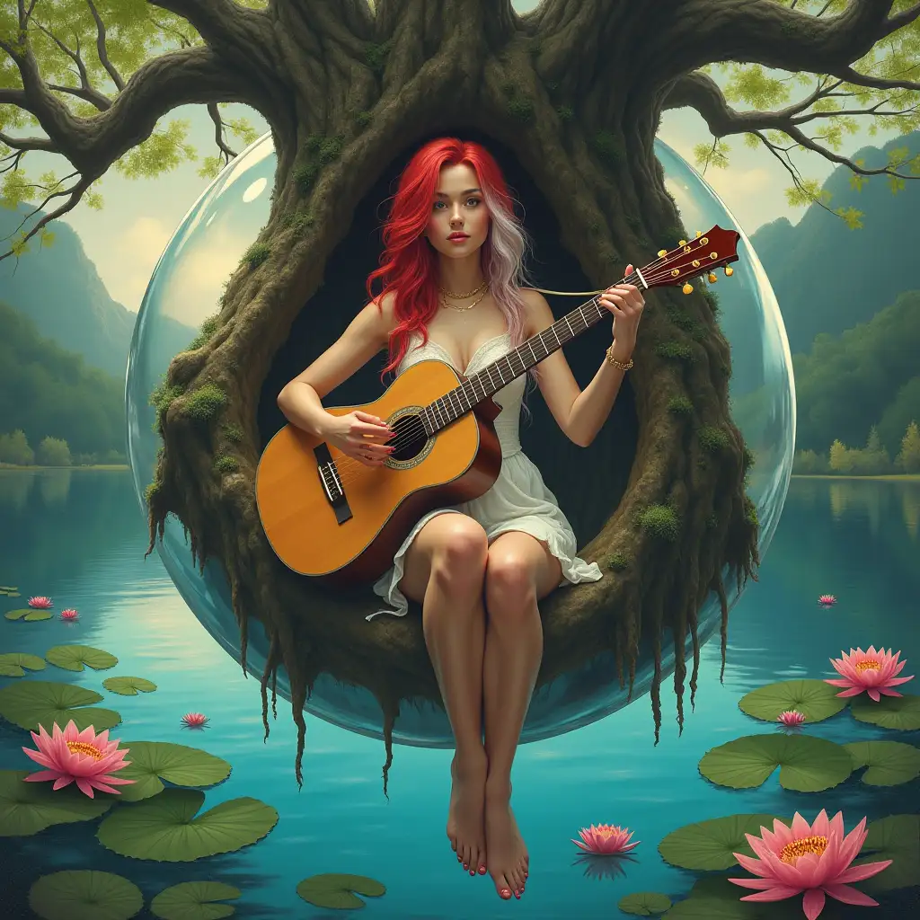 Hyperrealistic portrait of a woman with red and white hair sitting in a crystal ball with a guitar in her hand hanging on a rope from a giant tree with a richly detailed, colorful background with a lake and water lilies