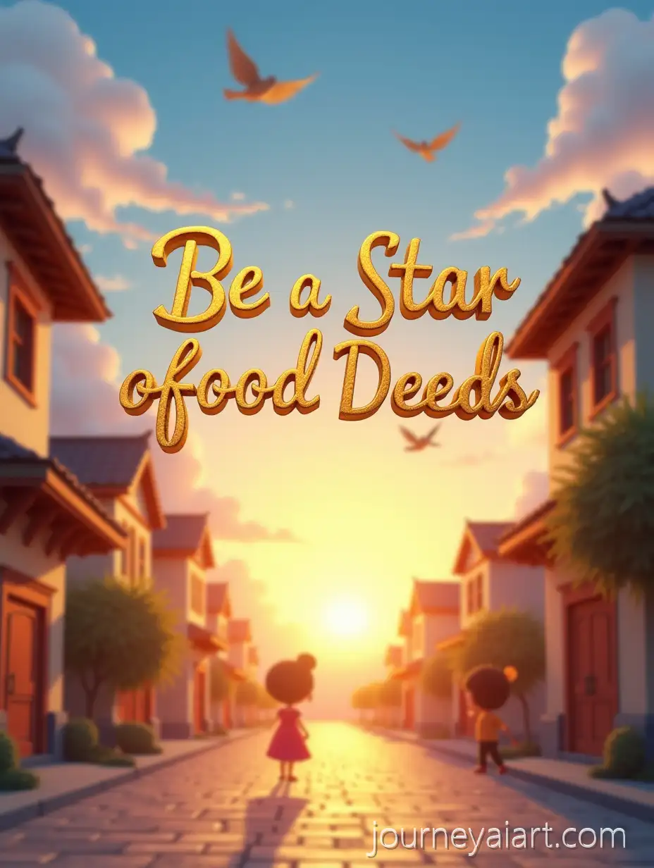 Peaceful-Eastern-Town-at-Sunrise-with-Golden-Calligraphy-and-Childrens-Voices