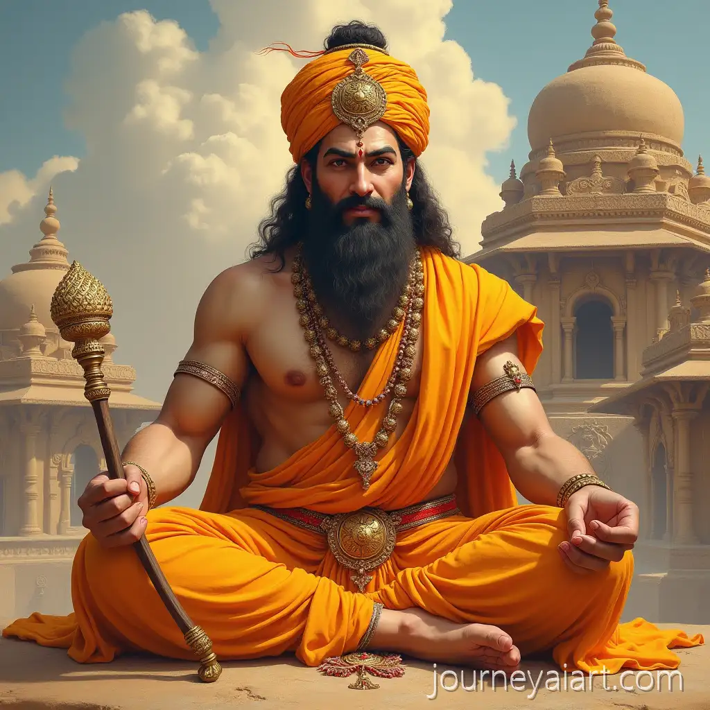 Hanuman-Ji-Sitting-Before-Ancient-Temple-in-Saffron-Clothing-with-Crown-and-Gada-Displaying-Peace-and-Compassion