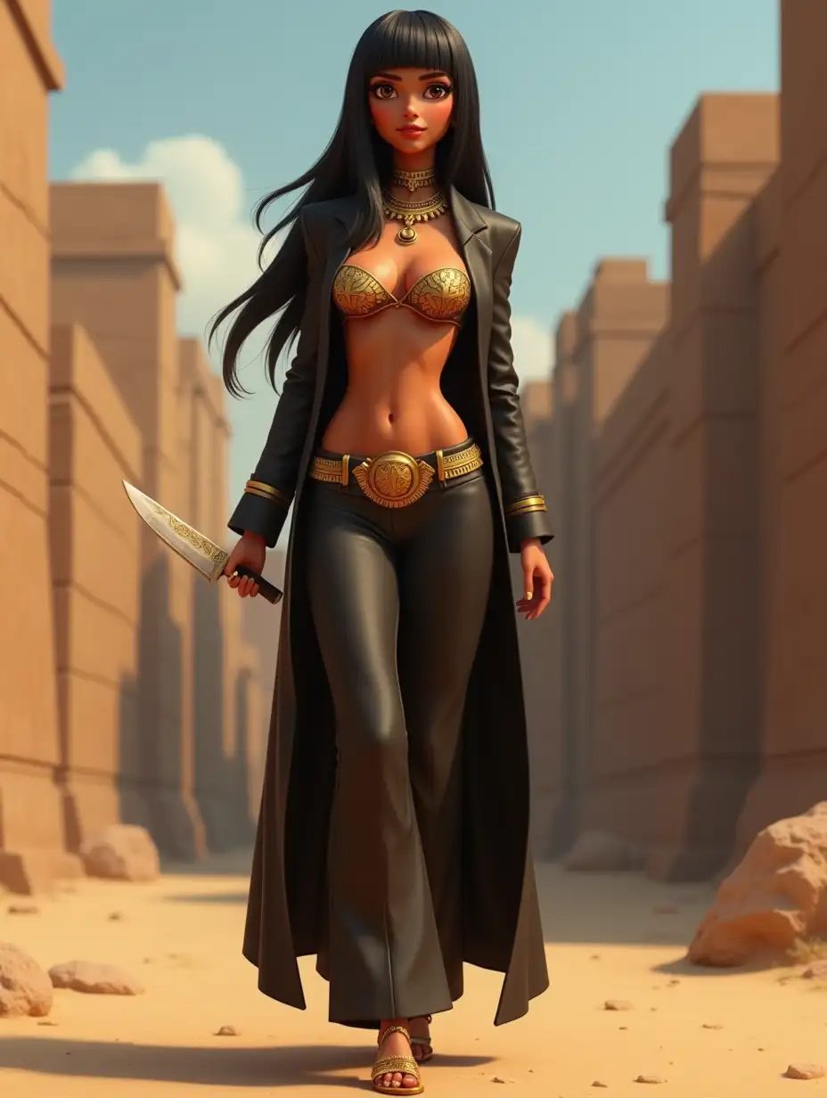 a 3D cartoon style picture of a tanned Cleopatra in her mid 20's, with straight black hair with fringe, her face has Egyptian make-up, brown eyes, her skin is tanned with medium-brown glow, she only wears long wide office-pants(flat belly visible) with Egyptian ornamentation, , black coat, golden strapless bikini-top and necklace, and sandals, she walks elegantly with her knife in a industrial terrain, looking sensual, 3D cartoon style