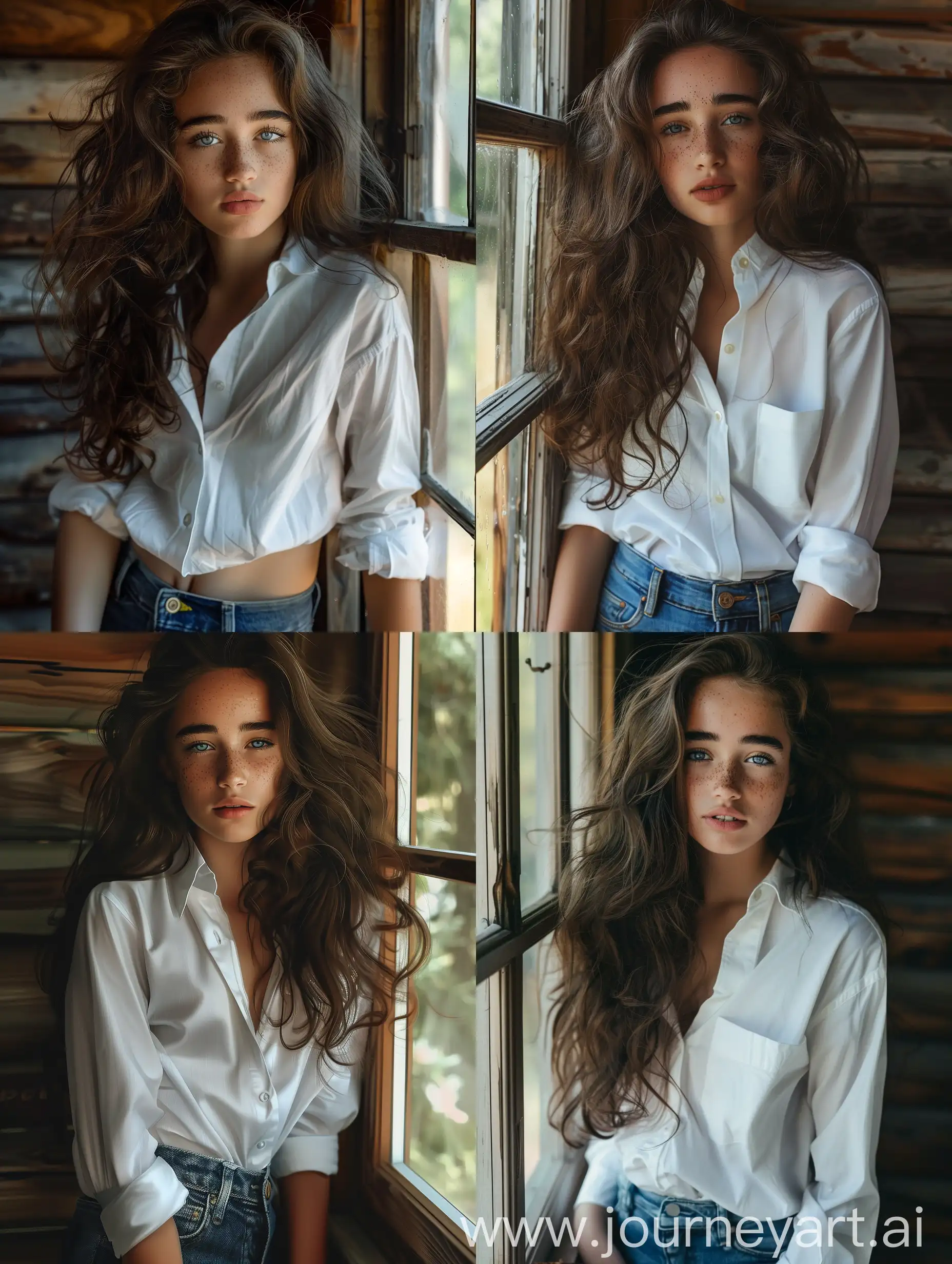 Girl-with-Dark-Curly-Hair-by-Window-in-Cabin