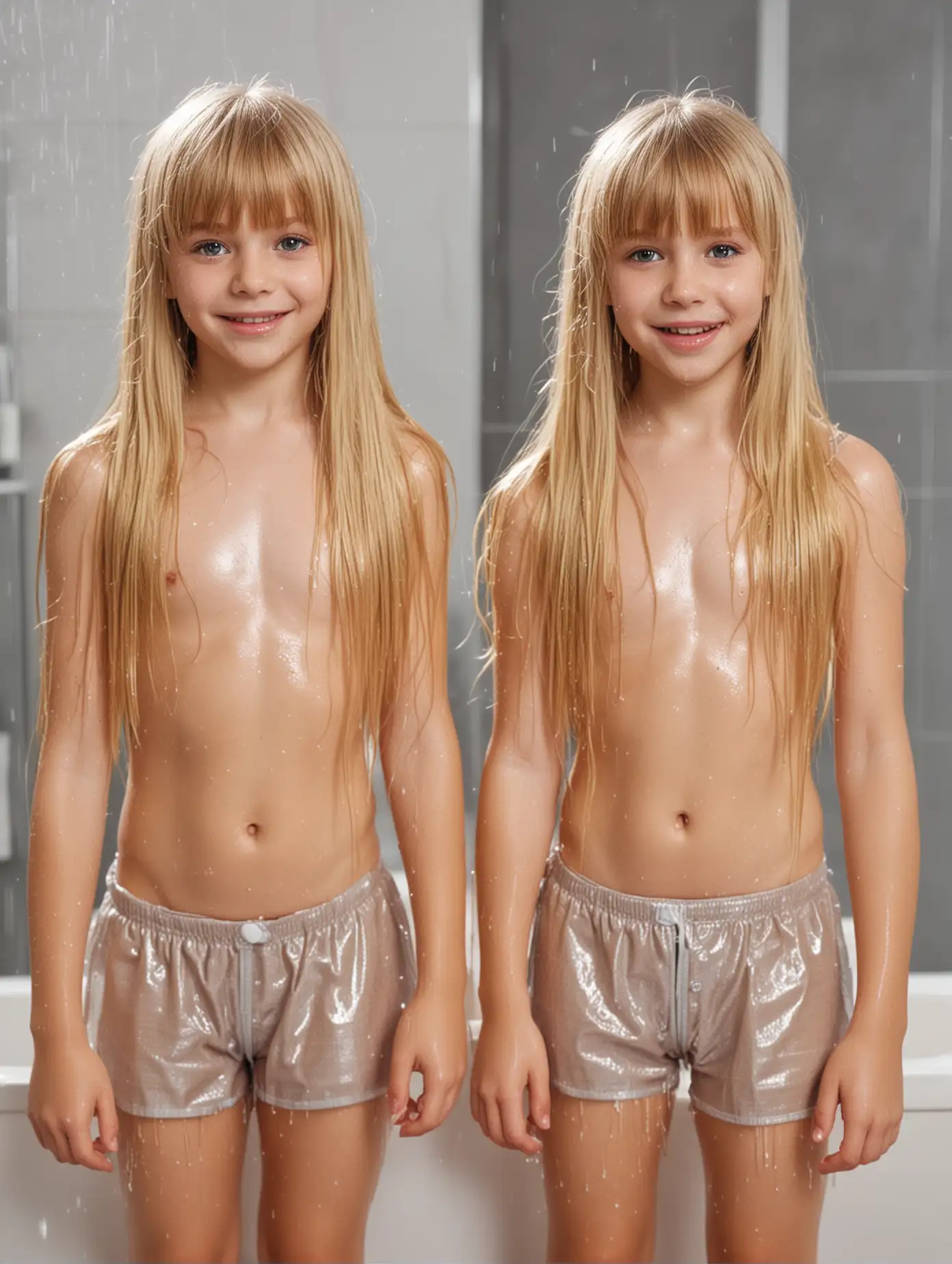 Two Adorable-Young-Girls-long-blonde-hair-with-bangs-Standing-in-Bathroom-with-wet-Shiny-Skin