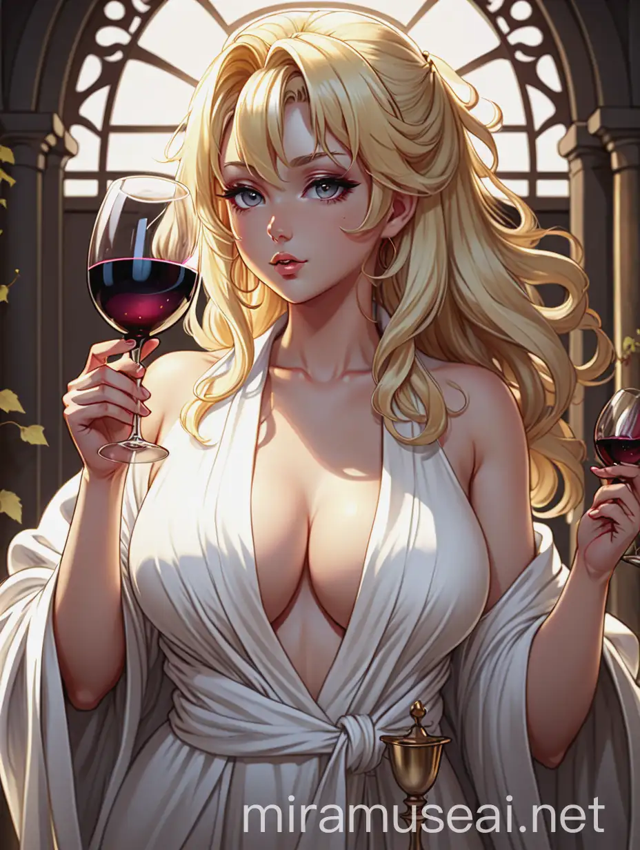 Elegant Blonde Goddess Holding a Wine Glass in Anime Style