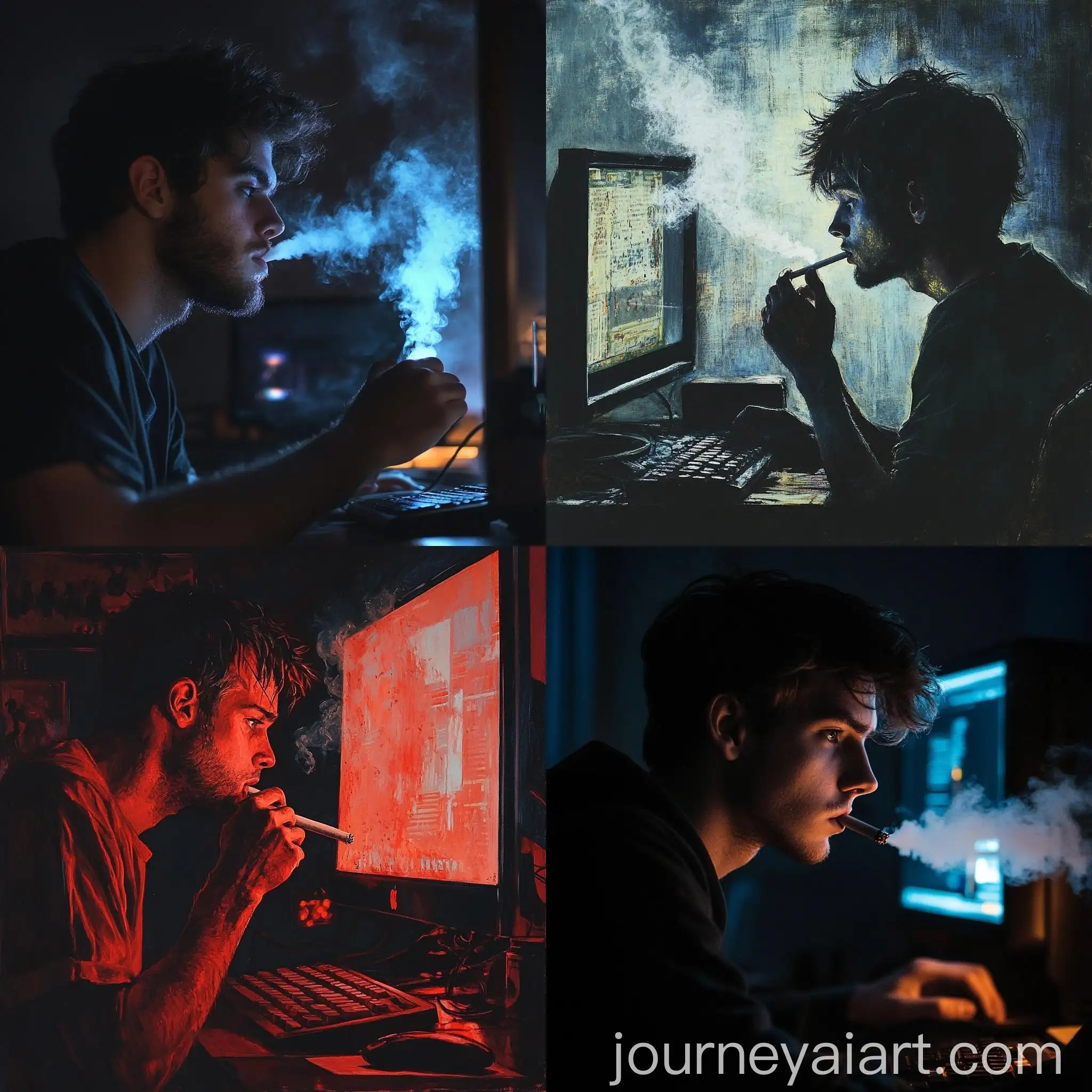 Young-Man-Using-Computer-with-Cigarette-in-Hand