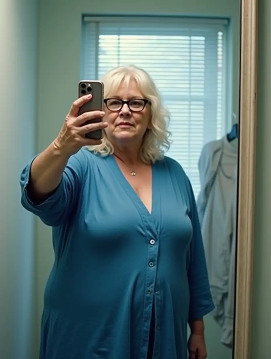 Curvy-60YearOld-Woman-in-a-Loose-Blue-Robe-Capturing-Mirror-Selfie-in-Bright-Fitting-Room