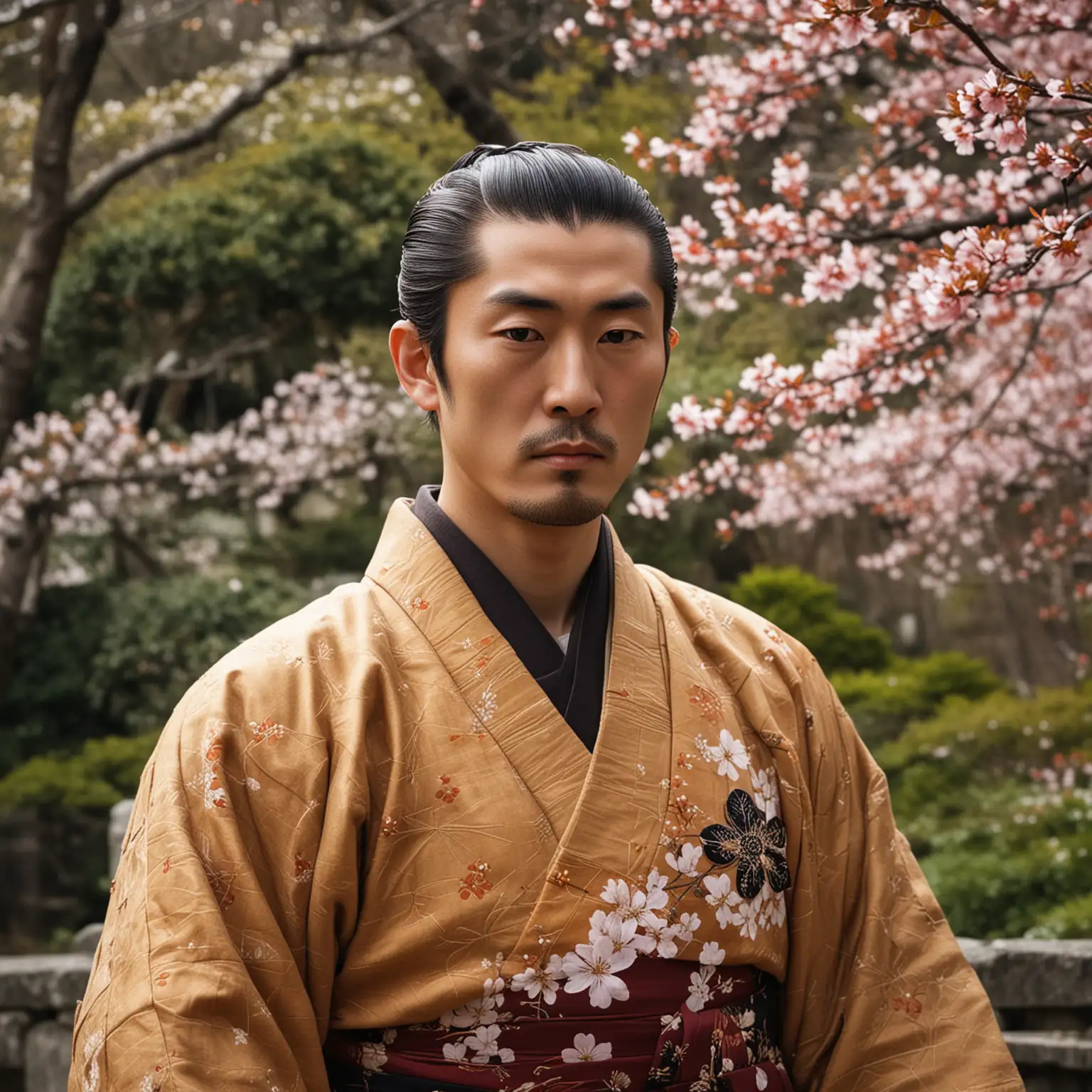 Frontal view of a medieval Japanese emperor in a very dark ochre imperial ceremonial kimono looking at the camera. Close-up waist-length view. The background is semi-blurred: stone railings and a blooming garden with sakura are visible.