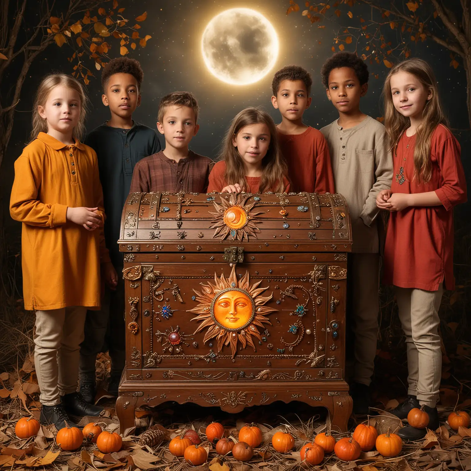 Diverse Group of Children Discovering a Celestial Autumn Equinox Jeweled Treasure Chest