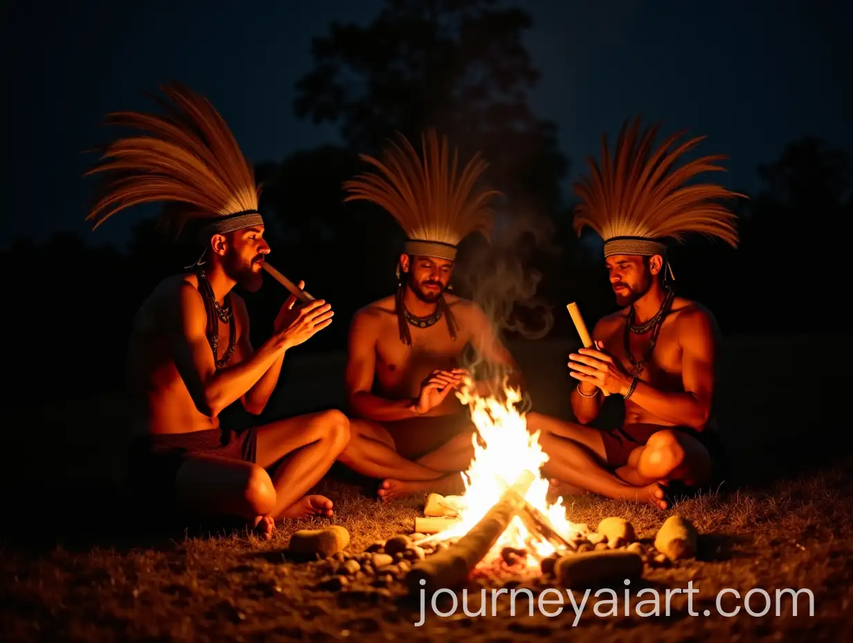 Aboriginal-Men-Playing-Traditional-Music-Around-Bonfire-with-Feathered-Cone-Caps
