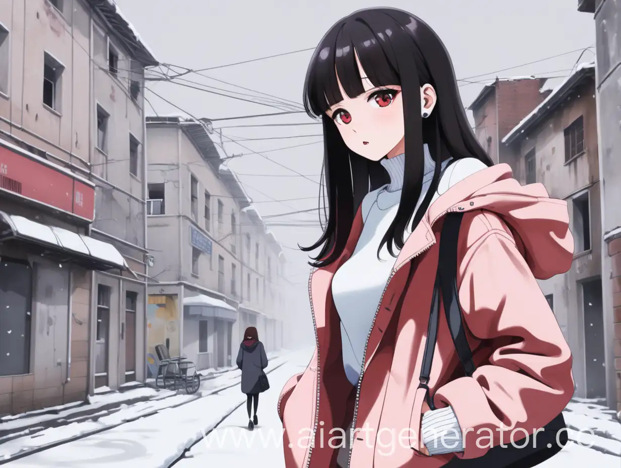 Anime-Girl-in-SnowCovered-Ruined-City-Dark-Red-Coat-and-Black-Ankle-Boots