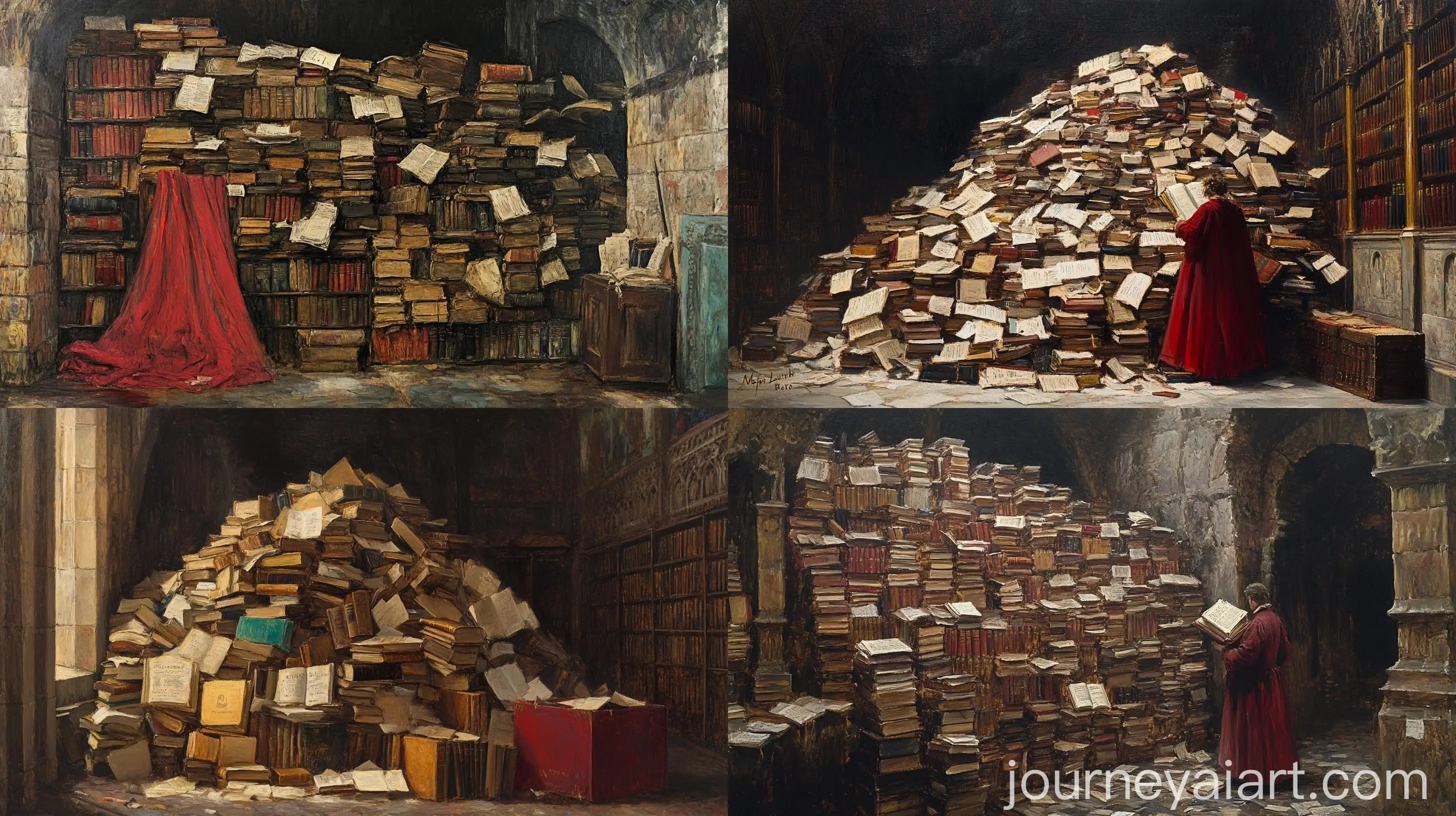 Medieval-Library-with-Mountain-of-Documents-and-Books