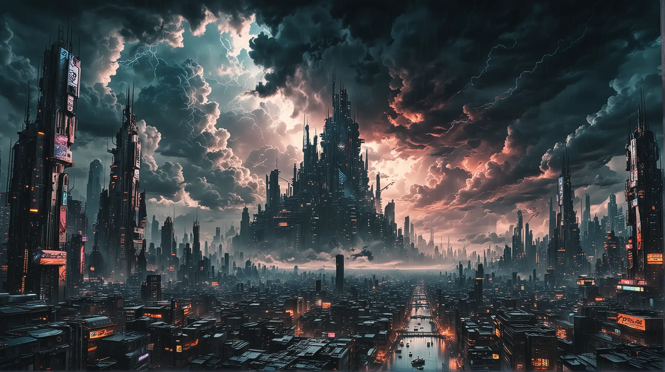 Stormy Clouds over a Large Cyberpunk City Psychedelic Vision