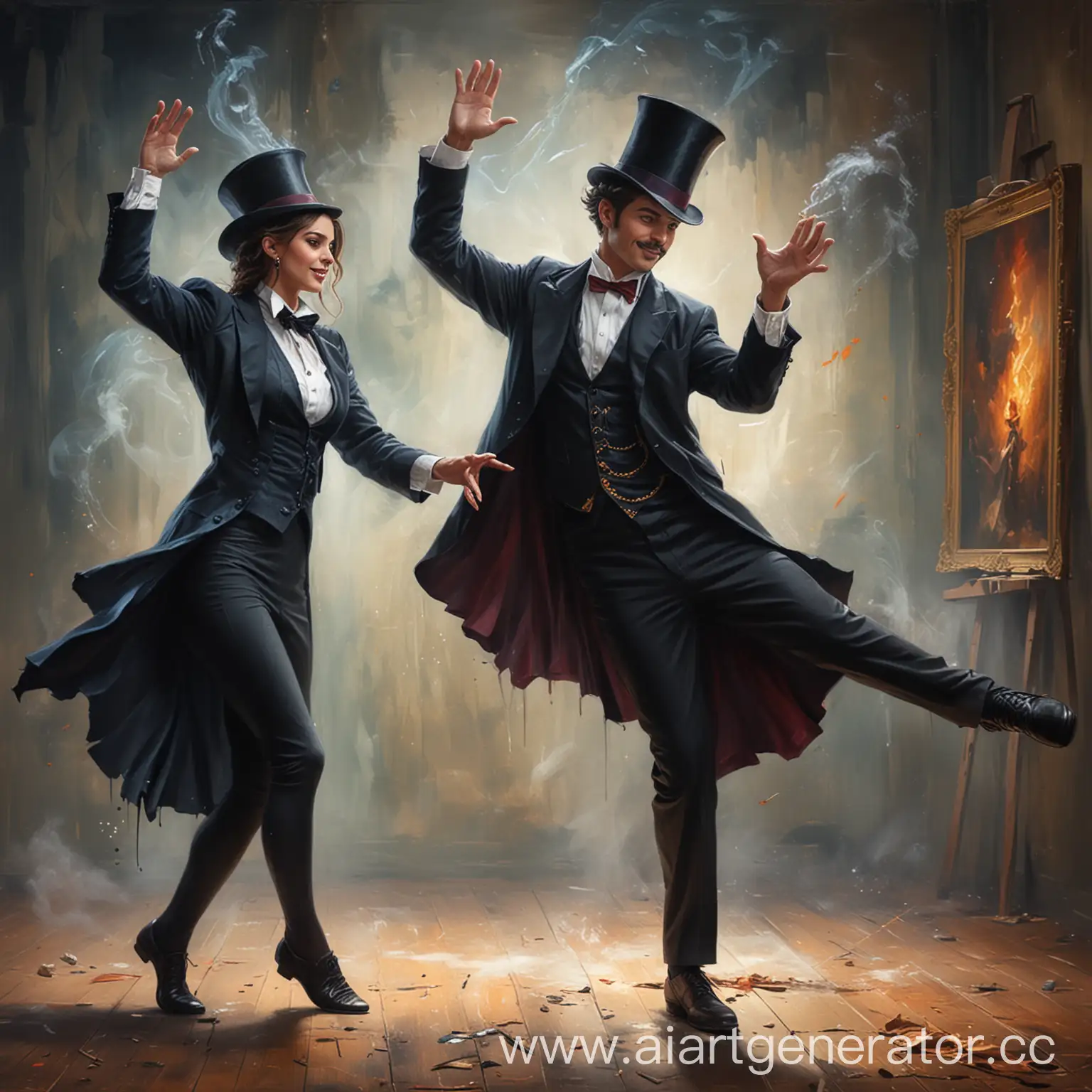 create an image of a magician dancing with his assistant. make it a painting.