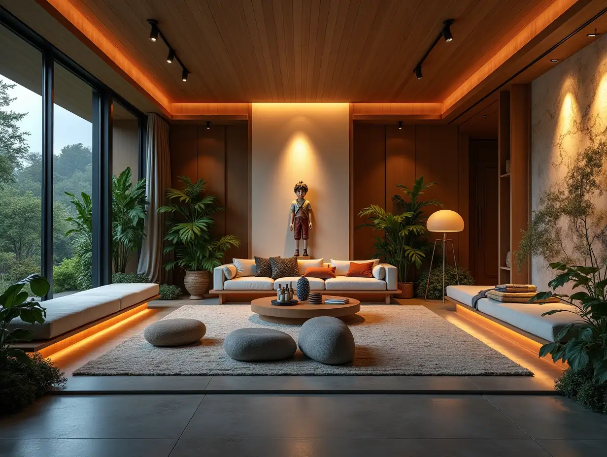 Large modern living room with Pinocchio statue lighting, furnished with plants and Attack on Titan wall art in a Zen garden with carefully tended rocks, a meditative 180 degree 8K resolution colorful capture