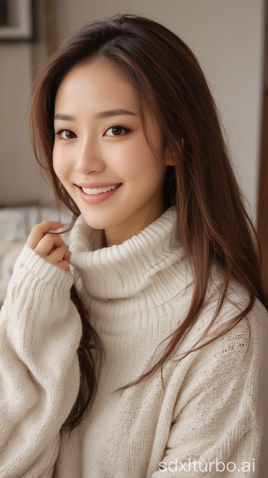 Chinese-Beauty-in-Winter-Living-Room-with-HighNeck-Sweater