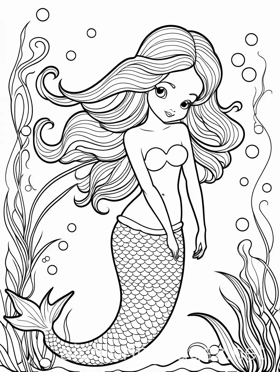 cute mermaid swimming, Coloring Page, black and white, line art, white background, Simplicity, Ample White Space. The background of the coloring page is plain white to make it easy for young children to color within the lines. The outlines of all the subjects are easy to distinguish, making it simple for kids to color without too much difficulty